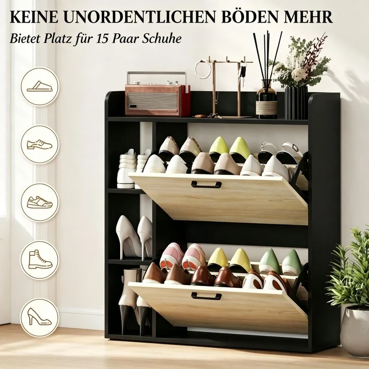 DESVIAE Garderobenschrank für Schuhe Schwarz/Naturholz aus Partikelplatte – 83x90,5x24 cm – 2 Kippschränke – Bild 6