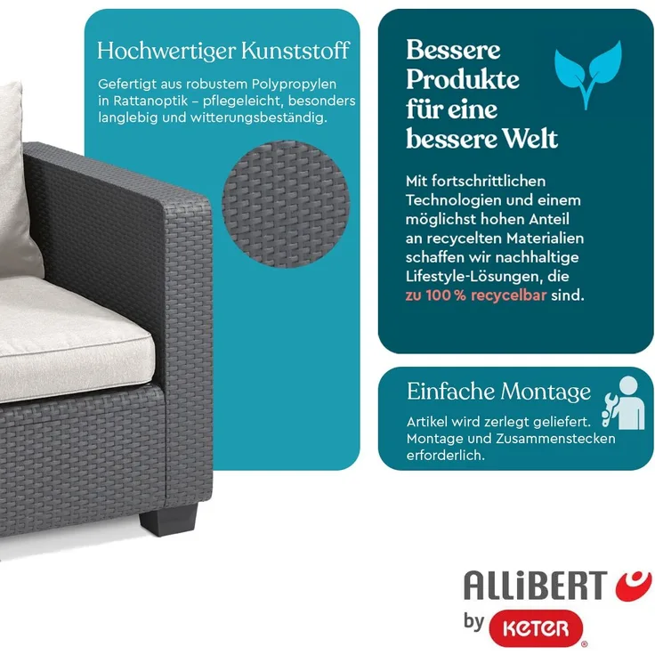 Allibert Salta 3-Sitzer in Anthrazit mit Kissen | Wetterfester Rattanoptik-Gartencouch