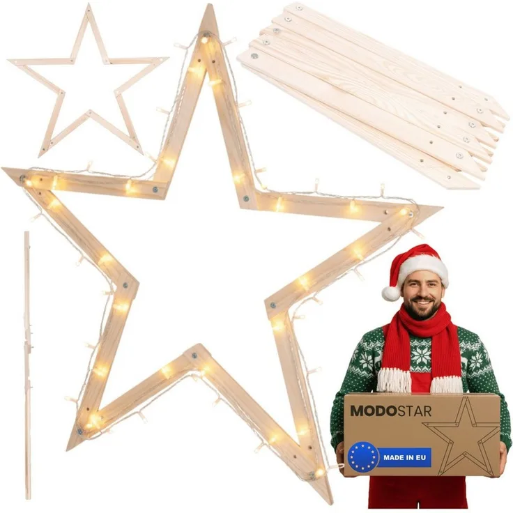 Modo24 Dekostern DIY MODOSTAR Weihnachtsstern Set aus FSC Holz 2D und 3D in 3 Breiten, zum Garten & Terrasse, wetterfest, faltbar & stabil, Weihnachtsdeko
