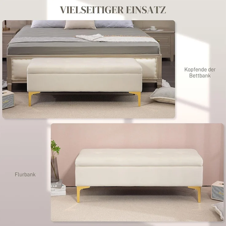 HOMCOM Sitzbank mit Gold-Ton Beine, Samtoptik, 120 x 44 x 44,5 cm (Polsterbank, 1-St, Bettbank), für Wohnzimmer, Beige – Bild 6