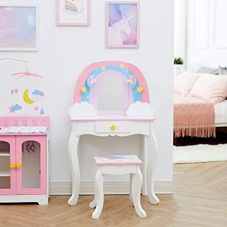 Teamson Kids Fantasy Fields Little Dreamer Regenbogen Schminktisch Schminktisch mit Spiegel, Integriertem Stauraum und Stuhlhocker Für Kinder, Weiß, TD-13543F – Bild 4