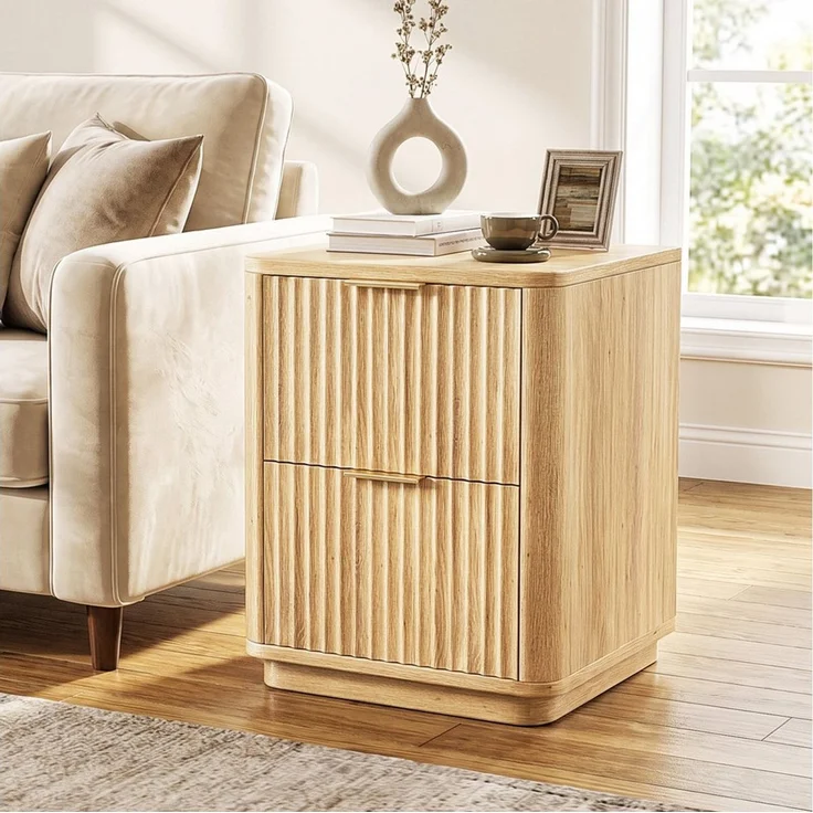 VINGLI Nachttisch 2 Schublade, mit geriffelten Türen, 45,6 x 35 x 61 cm, Eiche/Nussbaum, Nachtschrank, Beistelltisch modern, goldener Griff, abgerundete Kanten – Bild 4