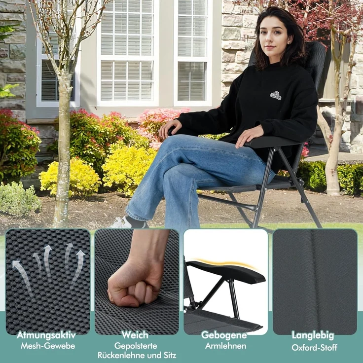 2er Set Gartenstühle mit 7-fach Verstellbarer Rückenlehne Klappstühle Balkonstühle Grau – Bild 5