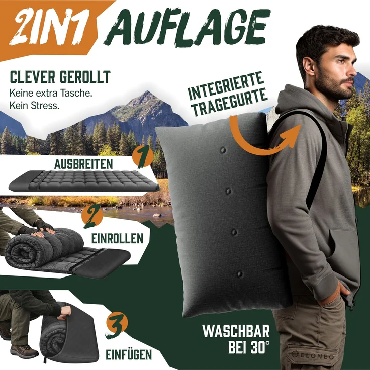 ELONEO Feldbett klappbar mit Premium Auflage, Campingliege bis 200kg belastbar, Anthrazit – Bild 3