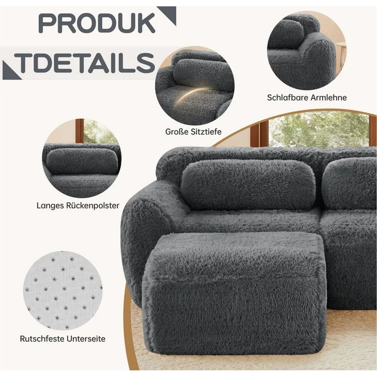 Odikalo Sofa Ecksofa Schlafsofa Modulares Sofa, Plüschstoff, L-förmiges 2-Sitzer Sofa, weicher Plüschstoff, modular, frei kombinierbar, mit Kissen. Weich, hochelastischer Schaumstoff, keine Montage erforderlich, geeignet für kleine Wohnzimmer und Räume – Bild 2