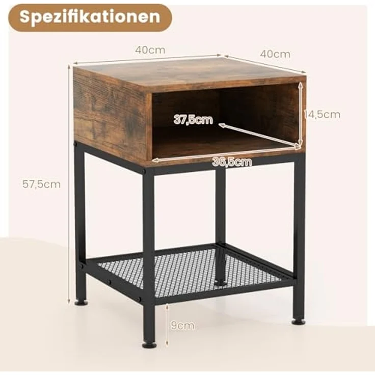 COSTWAY Beistelltisch mit Ablagefach und Gitterablage, Nachttisch mit Metallrahmen und verstellbaren Fußpolstern, Sofatisch für Schlafzimmer, Wohnzimmer, Industrie-Design, 40 x 40 x 57,5 cm – Bild 3