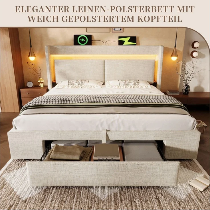 SeedWave Polsterbett LED Stauraumbett mit Leinenbezug, Ladefunktion, 90/140/160/180×200cm, Hydraulisches Bett mit gepolstertem Kopfteil, Rollen-Schublade – Bild 2