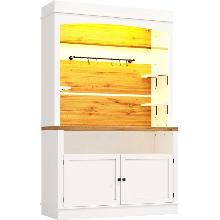 Set mit 2 Hochschränken mit LED-Beleuchtung, 184cm hoher Buffetschrank mit Glasregal & Hakenleiste, Weiß, belastbar bis 60kg--Weiß--107x34x184cm--YOUDENOVA – Bild 9