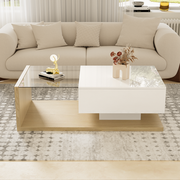 Couchtisch aus Spanplatte mit Glasplatte & LED-Licht, 105x55x32,5 cm, Weiß/Natural