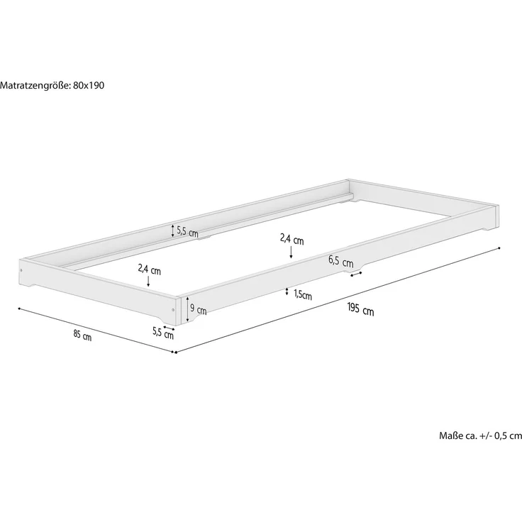 Schmales Holzbett extra niedrig Kiefer weiß 80x190 Zubehör wählbar V-60.47W-08-190ohne Zubehör – Bild 4
