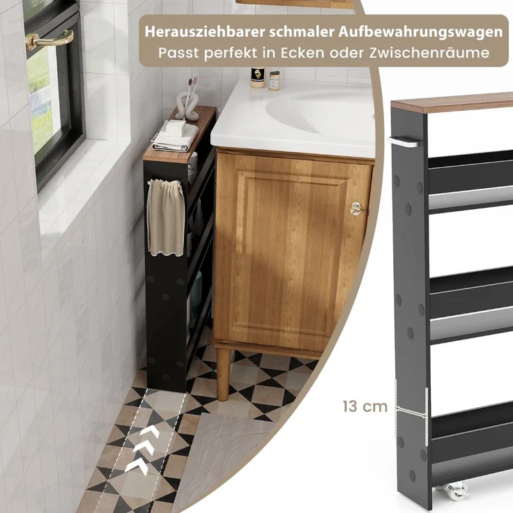 4 Ebenen Nischenregal auf Rollen aus Holz mit Griff Küchenwagen 48 x 13 x 81 cm Schwarz + Braun – Bild 4