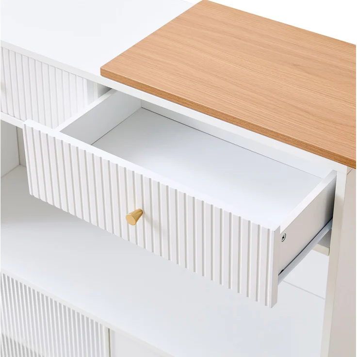 Ausziehbarer Bartisch mit Stauraum und LED-Beleuchtung, 360° drehbar, 183×30×100 cm, Weiß – Bild 10
