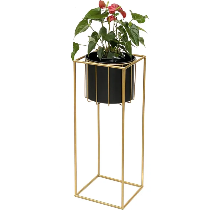 DanDiBo Blumenhocker mit Topf Metall Gold Schwarz Eckig L 70 cm Blumenständer 96035 Blumensäule Modern Pflanzenständer Pflanzenhocker