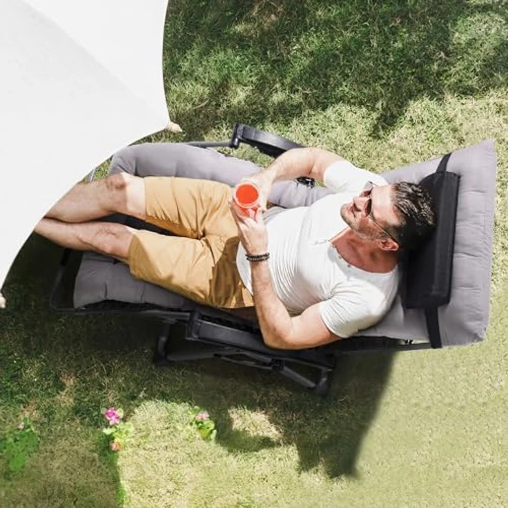 VEVOR Sonnenliege Liegestuhl Klappbar & Wetterfest, Gartenstuhl Belastbar 226,8 kg Verstellbarer Anti-Schwerkraftstuhl mit Kissen, Kopfstütze, Fußstütze, Getränkehalter, 83,82 cm Gartenliege, Grau – Bild 3