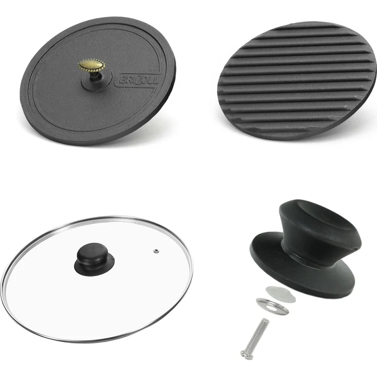 Ø26cm Grillpfanne aus Gusseisen Bräter mit Pressdeckel Glasdeckel Pfannenwender Schmortopf zwei Griffe Servierpfanne Grill – Bild 3