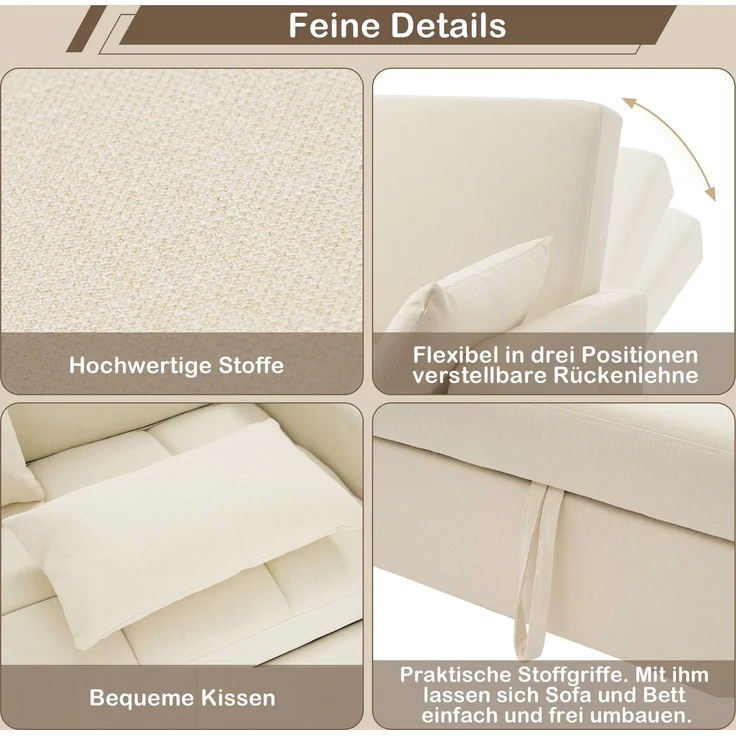 Klappsofa Schlafsofa ausziehbar Baumwoll-Leinen verstellbare Rückenlehne Gästebett Multifunktion Sofa-Bett,Beige – Bild 4
