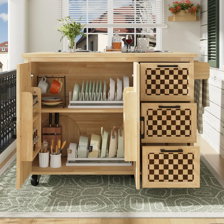 Merax Kücheninsel, Schrank, Buffetschrank, ausziehbarer Küchenwagen mit Rollen, mit Handtuchhalter, Türfachregal, zwei Türen, drei Schubladen, Schachbrettmuster, Holzmaserung – Bild 2