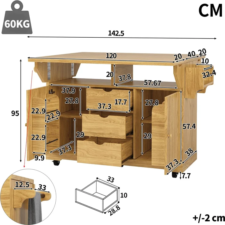 Ausklappbarer Küchenwagen B 142,5 x T 80 x H 95 cm aus MDF und Metall, mit 3 Schubladen – Bild 5
