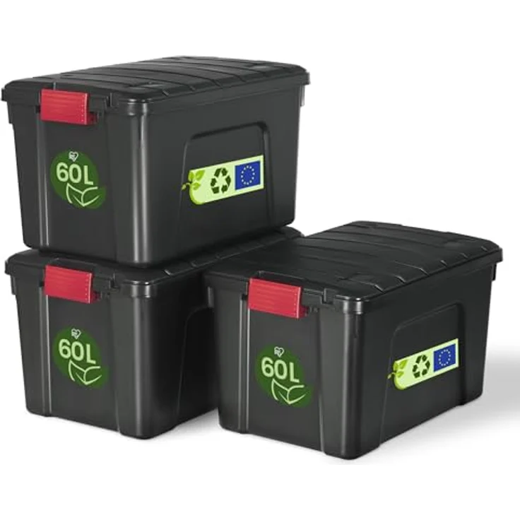 Iris Ohyama, große Kunststoff-Aufbewahrungsbox, 60 l Garagen-Aufbewahrungsbox, 3er-Set, SIA-60, schwarz, stapelbar, Verschlussklammern ? B59 x T39,5 x H35,5 cm – Bild 2