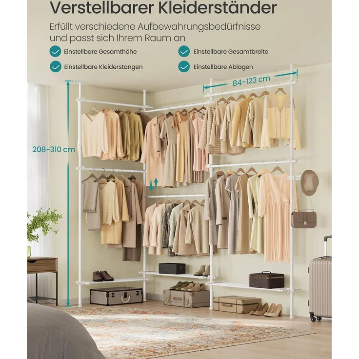 Songmics deckenhocher Kleiderständer, höhen- und breitenverstellbar, mit abnehmbaren Ablagen, Stahl / Kunststoff mattweiß, 33,5 x (240-353) x (208-310) cm – Bild 3