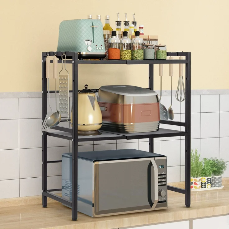 Todeco Erweiterbares Mikrowellen Regal, 3-Stufiges Mikrowellenregalständer, Mikrowellen Regal ständer Einstellbar Länge und Höhe, mit 6 Haken, (39-60) x32x78cm, Schwarz – Bild 2
