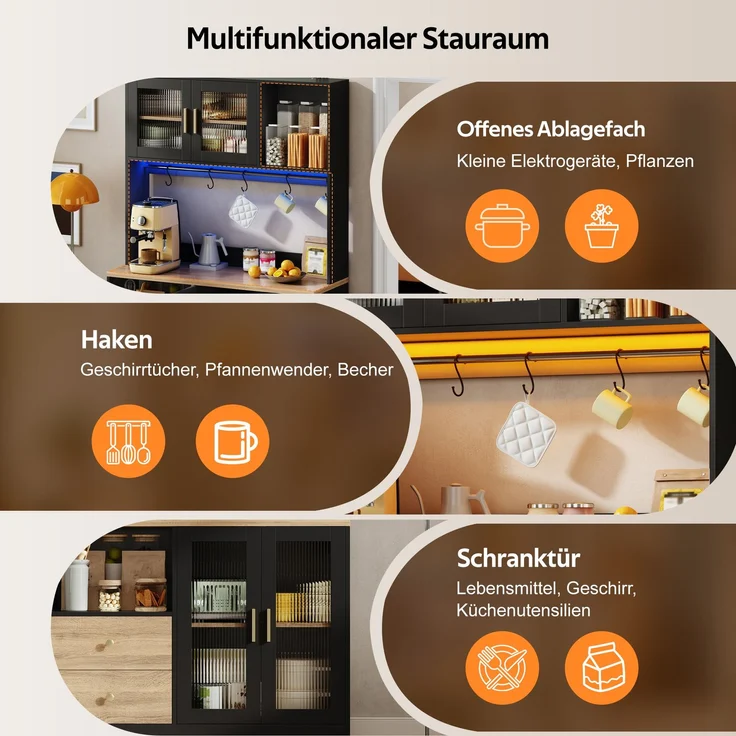 178 cm Küchenschrank, Hochschrank mit LED, Küchenregal mit Steckdose, Vitrine mit Türen aus gehärtetem Glas, Weinregal, Schwarz mit Holzoptik verstärkter Arbeitsplatte--Schwarz--110x40x178cm--YOUDENOVA – Bild 6