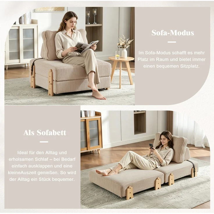 Schlafsessel aus Cord, klappbar mit Holzgestell, 90x86x84 cm, Khaki – Bild 8