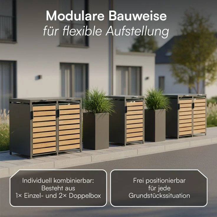 STEELSØN 'Kestra' Mülltonnenbox 5er je 240 Liter, anthrazit mit Holzoptik, Mülltonnenverkleidung aus Stahl, wetterfest, 116x80x337 cm, Müllbox für 5 Tonnen – Bild 8