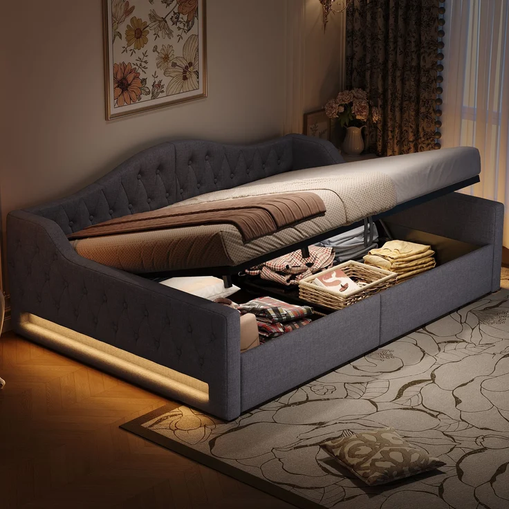Tagesbett 140x200 cm mit LED-Beleuchtung & Stauraum, ohne Matratze, Leinen Grau – Bild 4