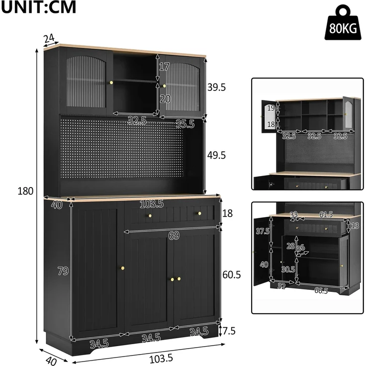 Vitrinenschrank mit Tür, Küchenschrank, Hochschrank, verstellbaren Einlegeböden, Lochblech,Schwarz , 103.5× 40 × 180 cm--Schwarz--103.5x40x180cm--YOUDENOVA – Bild 2