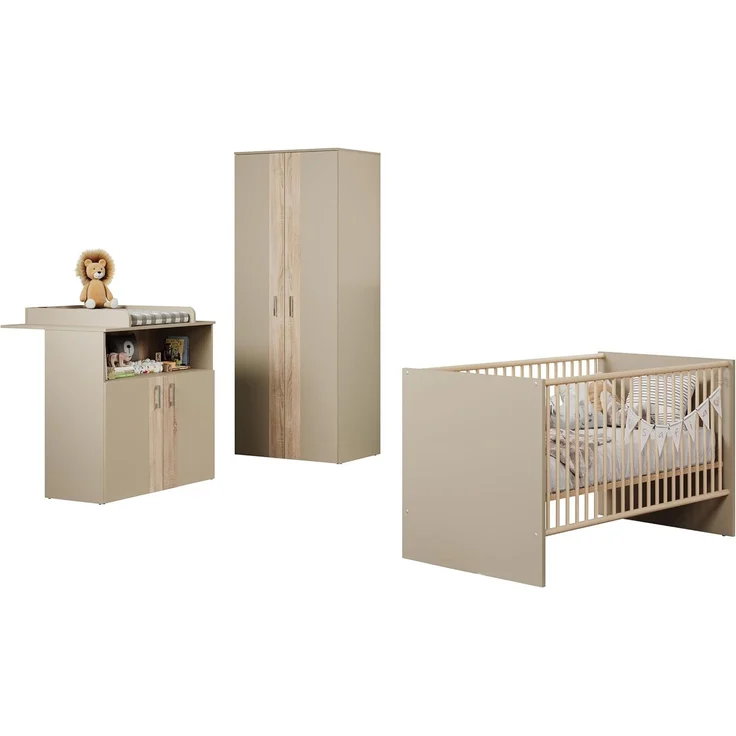 trendteam smart living - Berry - Babyzimmermöbel-Set (Wickelkommode + Kleiderschrank + Kinderbett) - Beige/Eiche Sägerau - Bett höhenverstellbar von 19 auf 51,8 cm – Bild 1