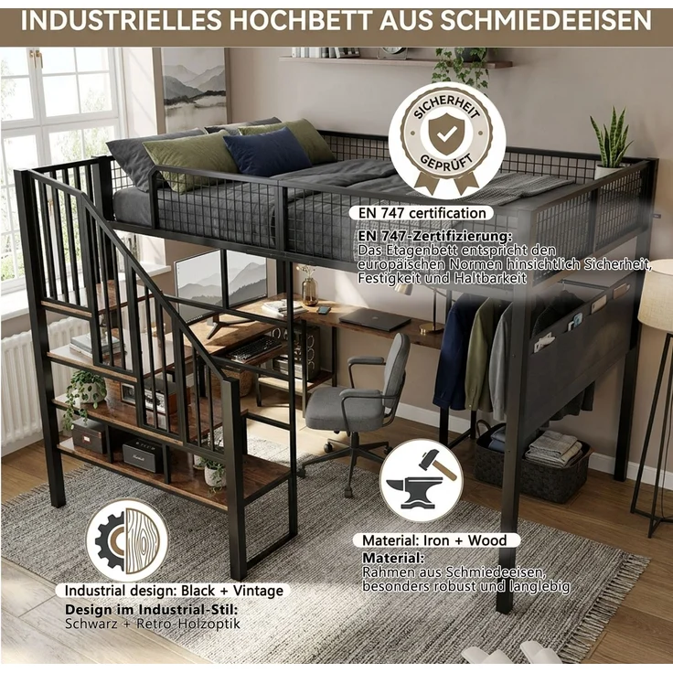 EINHOM Metallbett 140 x 200 cm in Schwarz, Hochbett mit L-förmigem Eckschreibtisch, Treppe, Tastaturauszug, Ladeanschluss und seitlicher Stofftasche (Ohne Matratze) – Bild 7