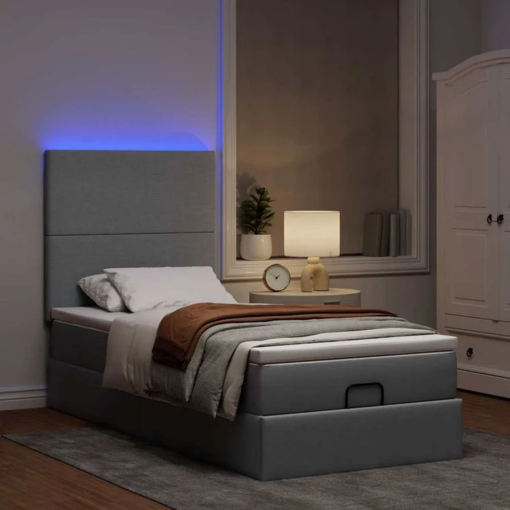 vidaXL Ottoman-Bett mit Matratze & LEDs Hellgrau 100x200 cm Stoff 3313899 – Bild 3
