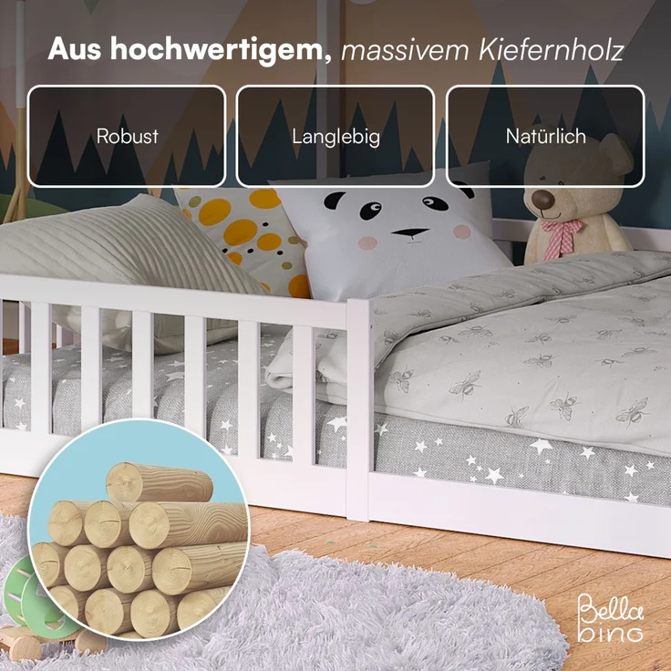 Bellabino 'Bia' Hausbett 140x200 cm, weiß, Kiefer Massivholz, Bodenbett in Hausoptik, Montessori Kinderbett mit Rausfallschutz und Lattenrost – Bild 5