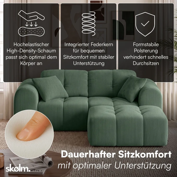 skølm 'Vanaheim' Sofa 2 Sitzer mit Hocker & 2 Kissen, Cloud Sofa dunkelgrün, Cord, Vollschaumcouch mit Federkern und Vakuum-Kompression, kein Aufbau erforderlich – Bild 2