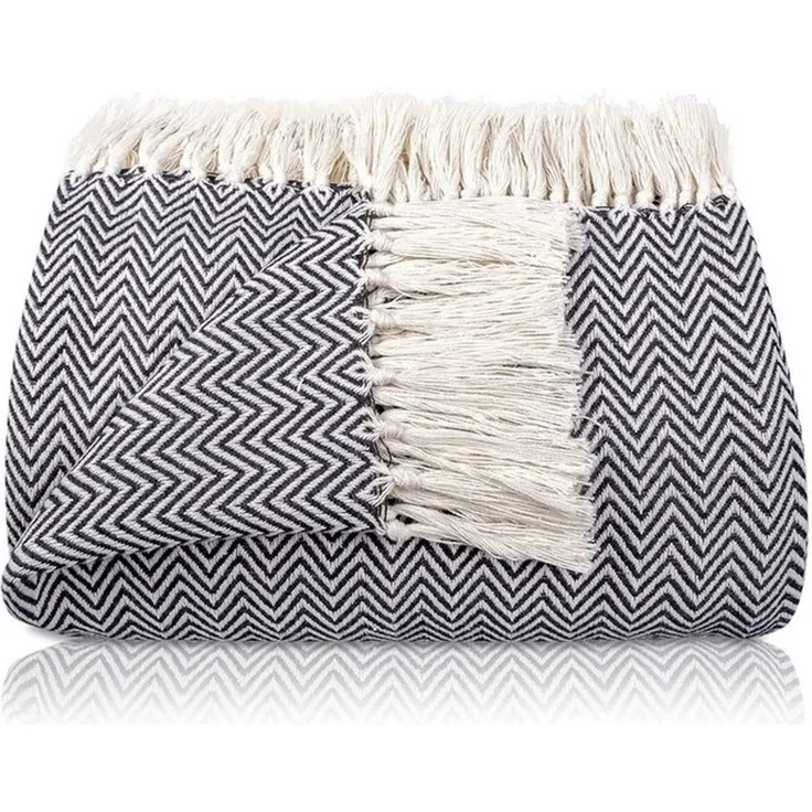Gräfenstayn Tagesdecke mit Fransen aus 100% Baumwolle – Baumwolldecke mit Fischgrätenmuster, Wohndecke als Sofa-Überwurf, Bett-Überwurf, Couch-Überwurf, Sofa-Decke