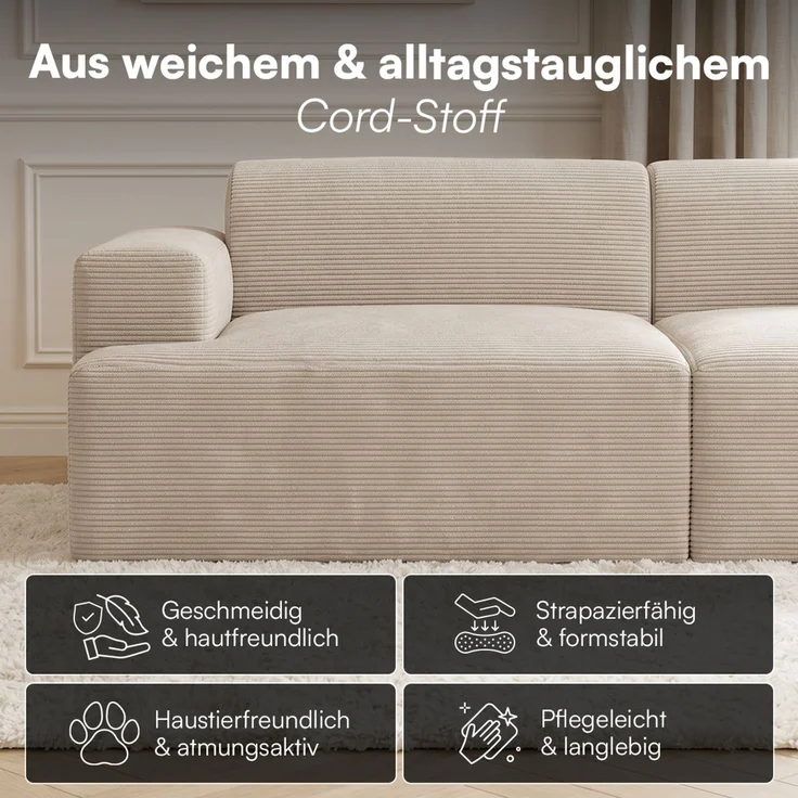 skølm 'Freki' Cloud Sofa 3 Sitzer mit 2x Hocker, Vollschaumcouch mit Federkern und Vakuum-Kompression, kein Aufbau erforderlich, mit 3 Kissen, Cord beige – Bild 3