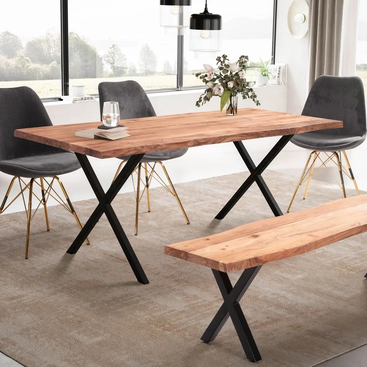 Esszimmertisch 120x60x76cm Akazie Massivholz Baumkante X-Beine Schwarz Rechteckig – Bild 2