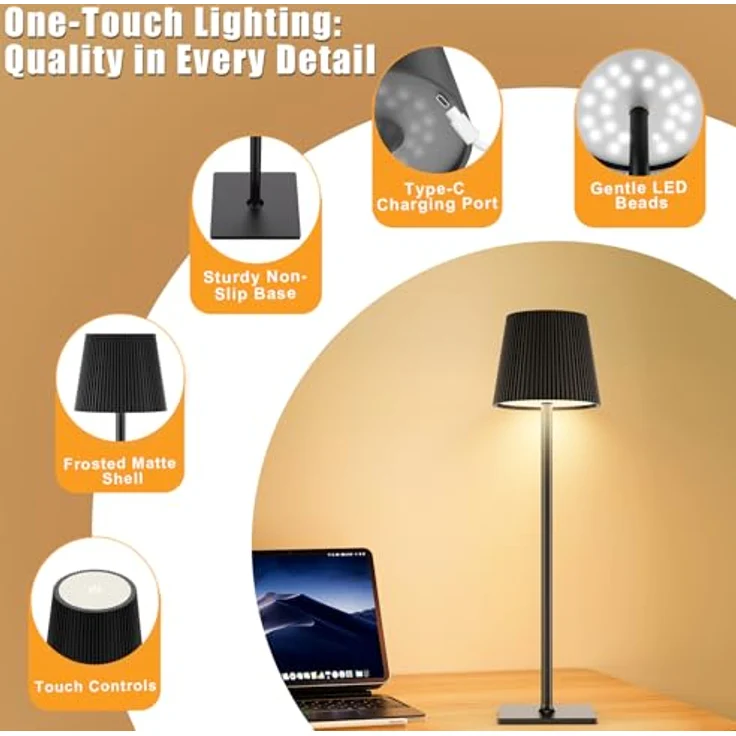 YICAIZI LED Tischlampe Kabellos Akku Tischlampen mit Flaschenverschluss Stufenlos Dimmbar Aufladbar Tischleuchte mit 3 Farbtemperatur für Outdoor, Wohnzimmer, Schlafzimmer, Nachttisch, Kohlenschwarz – Bild 9
