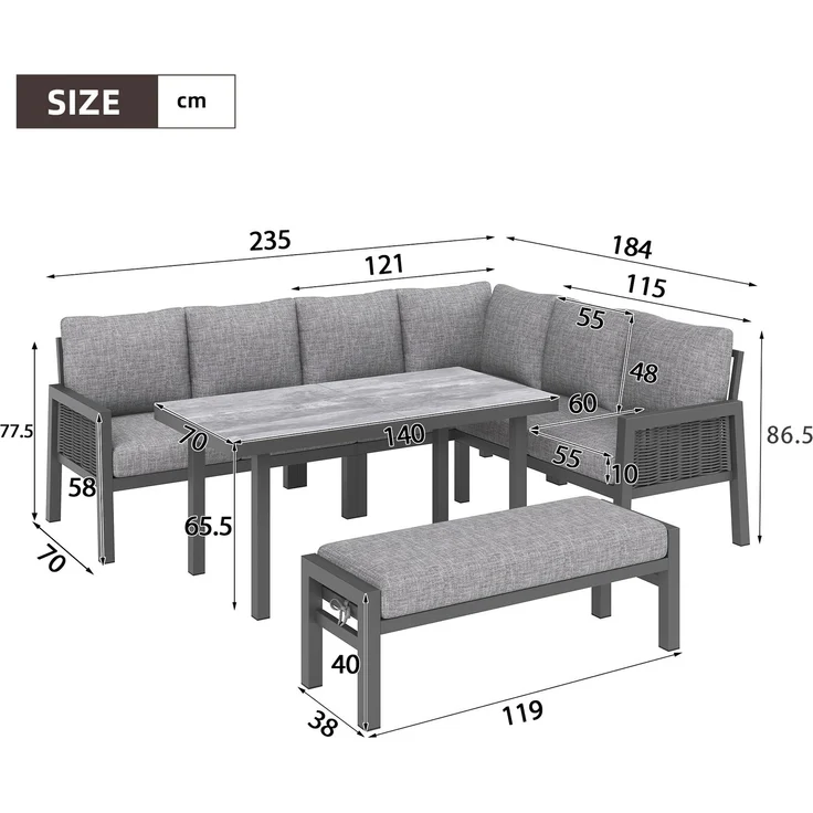 Merax Gartenlounge-Set, Gartenmöbel-Set 7 Sitzer, Gartensofa Eckstellung, mit Esstische, Bänke und Sofas, grau – Bild 4