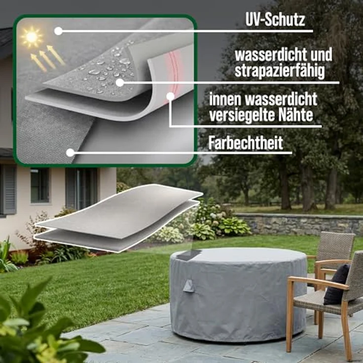 Mehr Garten Abdeckung Gartentisch rund, Ø110x71 cm, grau, wasserdichtes Oxford 600D Gewebe, UV-beständig und wetterfest – Bild 3