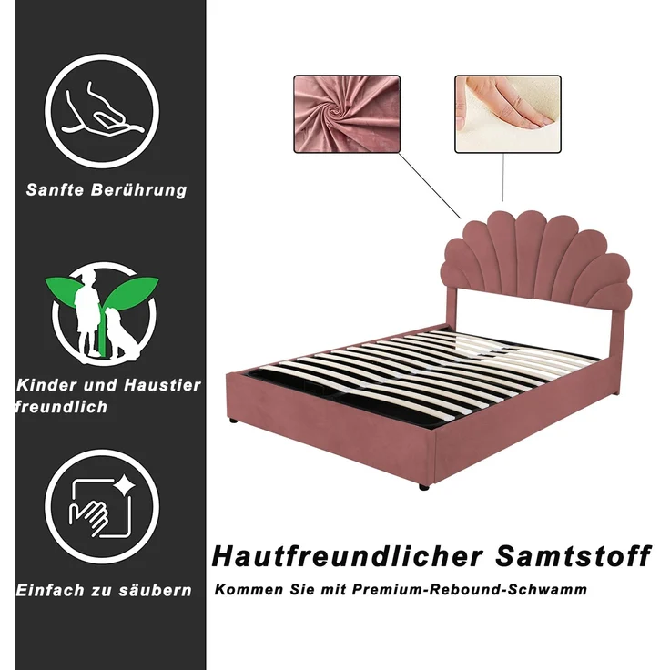 Polsterbett 140x200 Samt mit Stauraum, hydraulisch, Blumen-Kopfteil, Doppelbett modern weich,Rosa – Bild 4