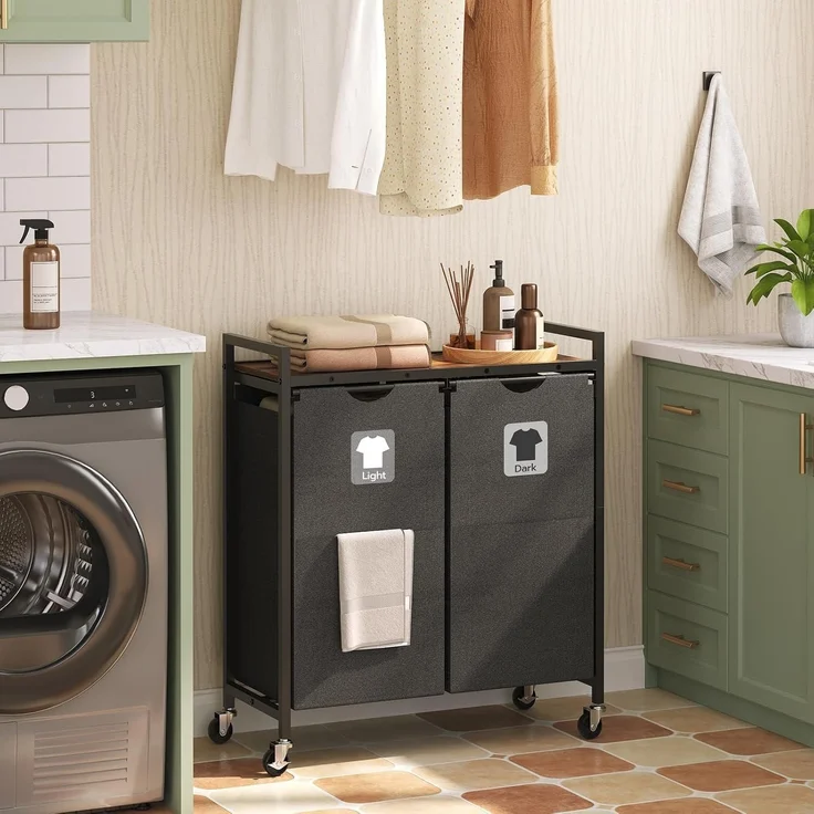 Wäschekorb mit Rollen und Ablage, 2 Fächer, 2 x 49,5 L, Oxford-Gewebe – Bild 3