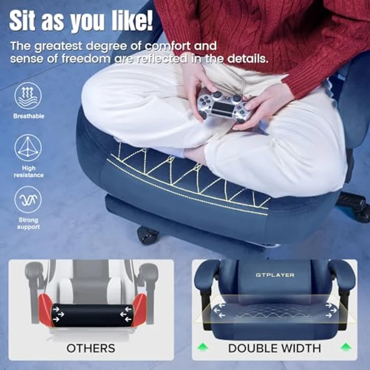 GTPLAYER Gaming-Stuhl, Stoff, Gaming-Stuhl, ergonomisch, Büro, PC, 150 kg, Verstellbarer und drehbarer Tischstuhl mit Feder-Sitzkissen und Fußstütze, Blau – Bild 10