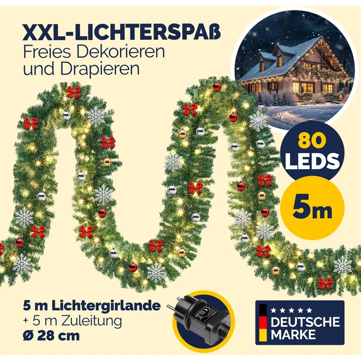Casaria Weihnachtsgirlande 5m 80 LED inkl. Deko Outdoor Girlande Weihnachten Tannengirlande Außen Weihnachtsdeko – Bild 2