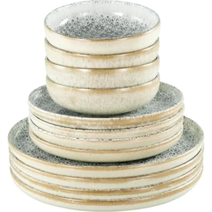 Creatable Tafelservice Uno Emiliana, 12-teiliges Geschirrset aus cremefarbener und grauer Keramik, lebensmittelecht und stapelbar – Bild 2