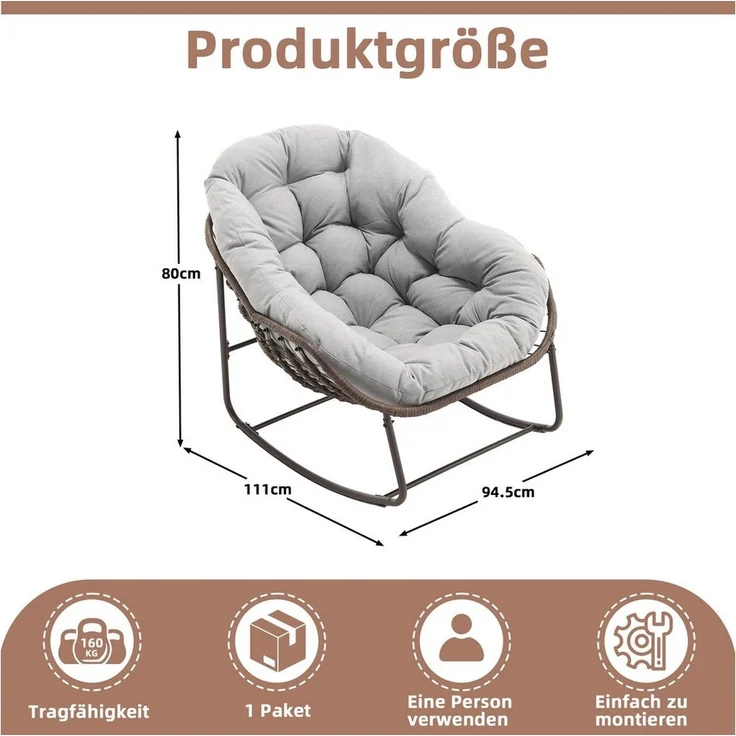 LVHOM Schaukelstuhl mit gepolstertem Kissen, Rattanstuhl mit Stahlrahmen, Lounge Sessel (Großformat B110.5cm x T94.5cm x H80cm,Dicke Kissen,160kg Tragfähigkeit, MEHRE FARBEN MEHRE OPTIONEN! Schaukelsessel umhüllendem Sitzgefühl & hoher Armlehne, 1 St),... – Bild 2