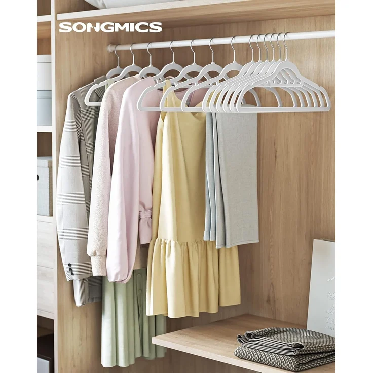 SONGMICS Kleiderbügel Samt, 20er Set, Bügel, rutschfest, kleine Stange für Krawatten, 360° drehbarer Haken, 0,6 cm dick, platzsparend, 43,5 cm breit, für Mäntel, Hosen, Silber-Weiß CRF020W01 – Bild 2