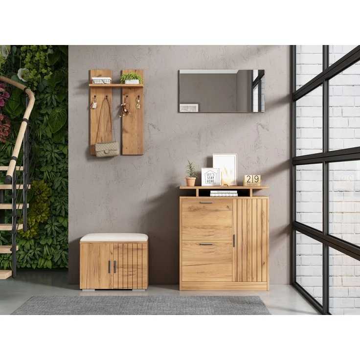 Flur-Garderoben-Set, Wandgarderobe; Garderoben-Set mit Schuhbank und Schuhschrank, 1 Spiegel, 4 Haken, 5 Türen, natural, B140× T35 × H133 cm--Natürlich--140x35x133cm--YOUDENOVA – Bild 4