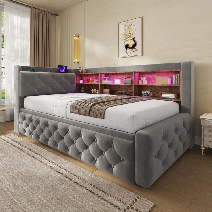 Odikalo Schlafsofa Schlafcouch 90x190 mit LED USB Type-C & Stauraum-Armlehne, Bettgestell ausziehbar, Samt, Sofa mit Holz-Kopfteil Ablage, Lattenrost, für Wohnzimmer & Gästezimmer – Bild 2